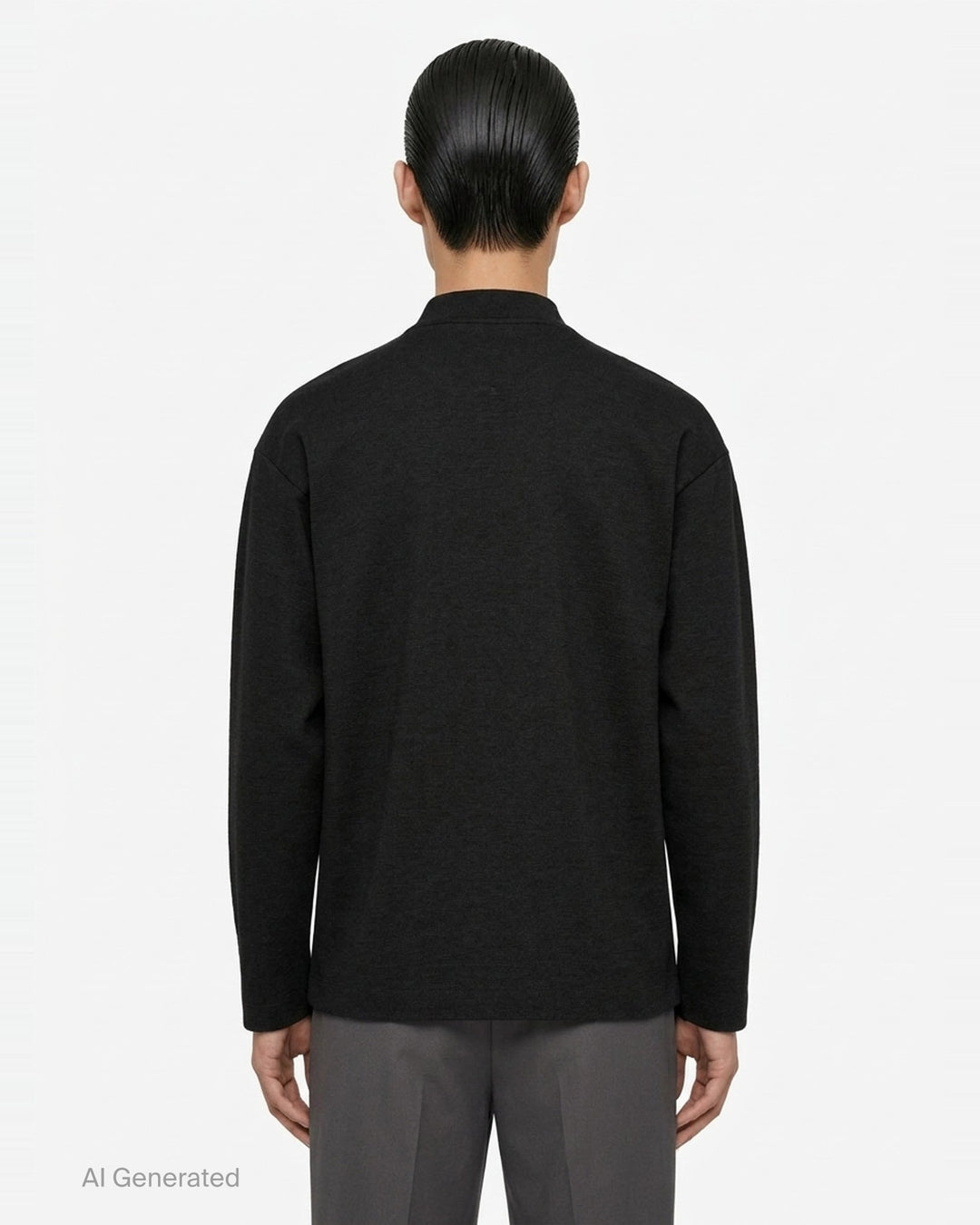 IM MEN MONO-MILANO black long-sleeve Milano knit top with mock turtleneck collar and relaxed oversized silhouette, front view - back