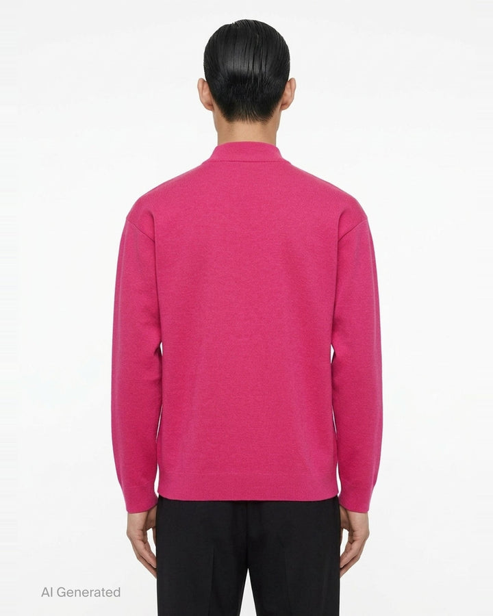 IM MEN MONO-MILANO black long-sleeve Milano knit top with mock turtleneck collar and relaxed oversized silhouette, front view - back