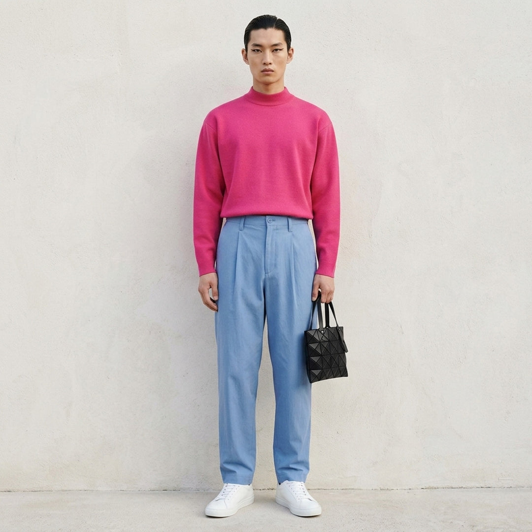 IM MEN MONO-MILANO black long-sleeve Milano knit top with mock turtleneck collar and relaxed oversized silhouette, front view - lifestyle