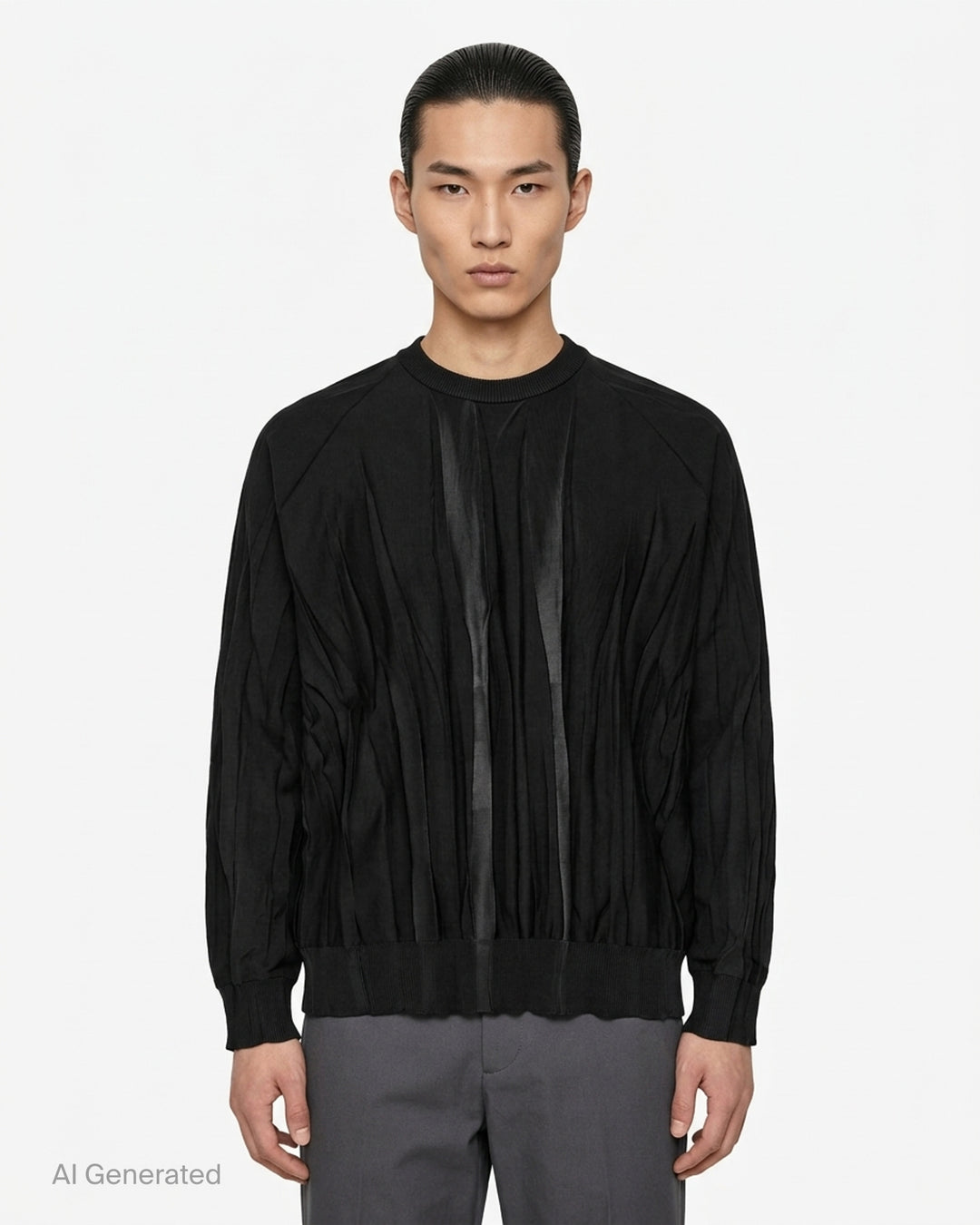IM MEN Ripple Knit in black with vertical pleated texture, sheer centre panel, crew neck and ribbed trims - front