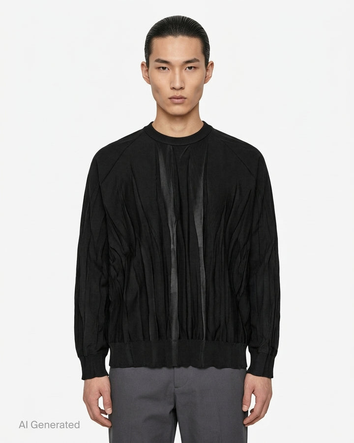 IM MEN Ripple Knit in black with vertical pleated texture, sheer centre panel, crew neck and ribbed trims - front