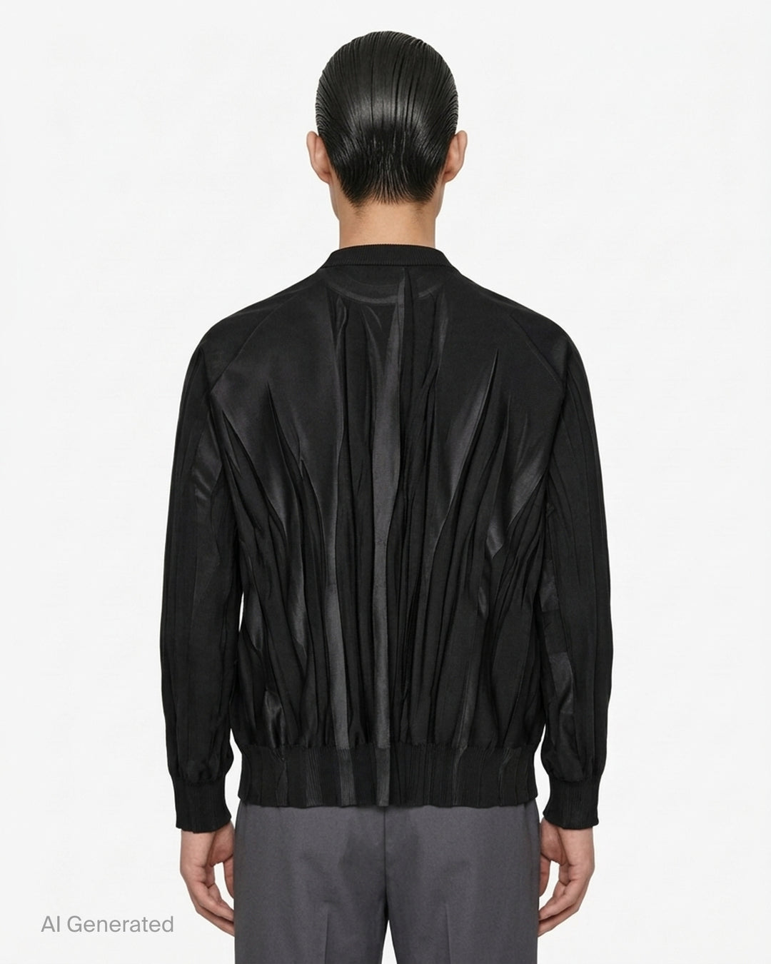IM MEN Ripple Knit in black with vertical pleated texture, sheer centre panel, crew neck and ribbed trims - back
