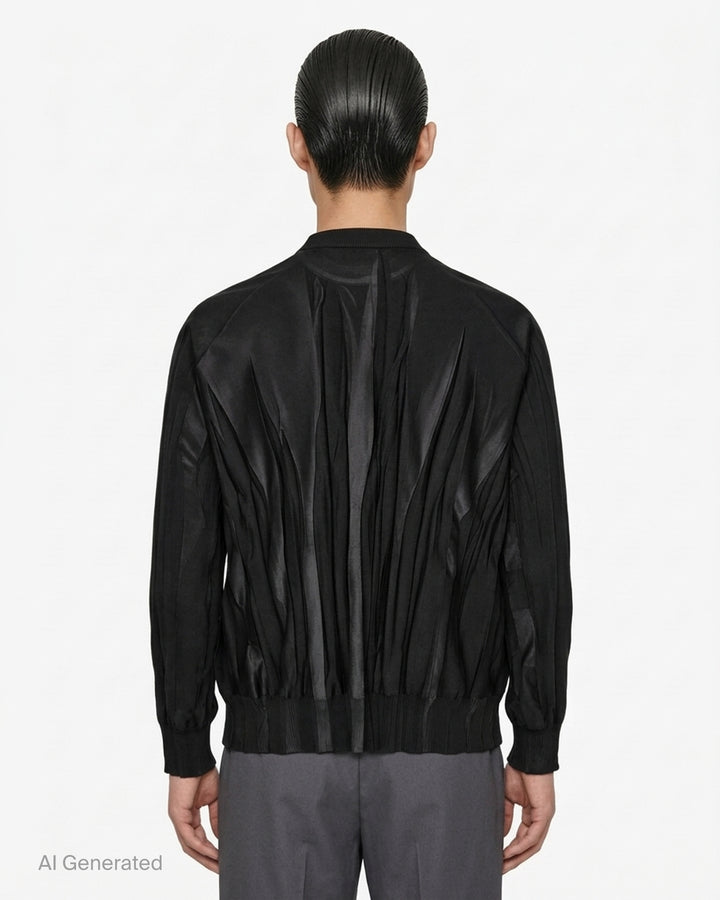 IM MEN Ripple Knit in black with vertical pleated texture, sheer centre panel, crew neck and ribbed trims - back