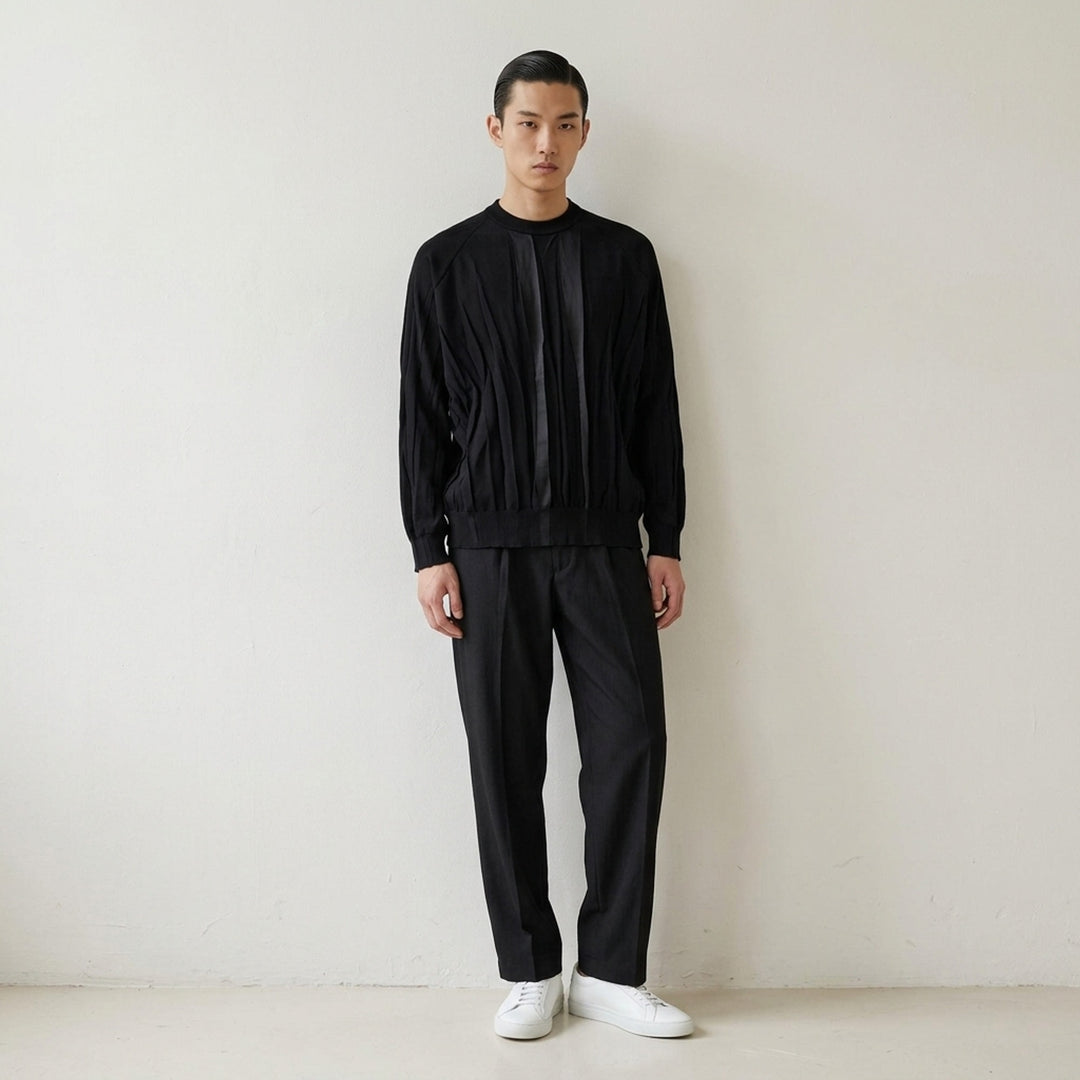 IM MEN Ripple Knit in black with vertical pleated texture, sheer centre panel, crew neck and ribbed trims - lifestyle