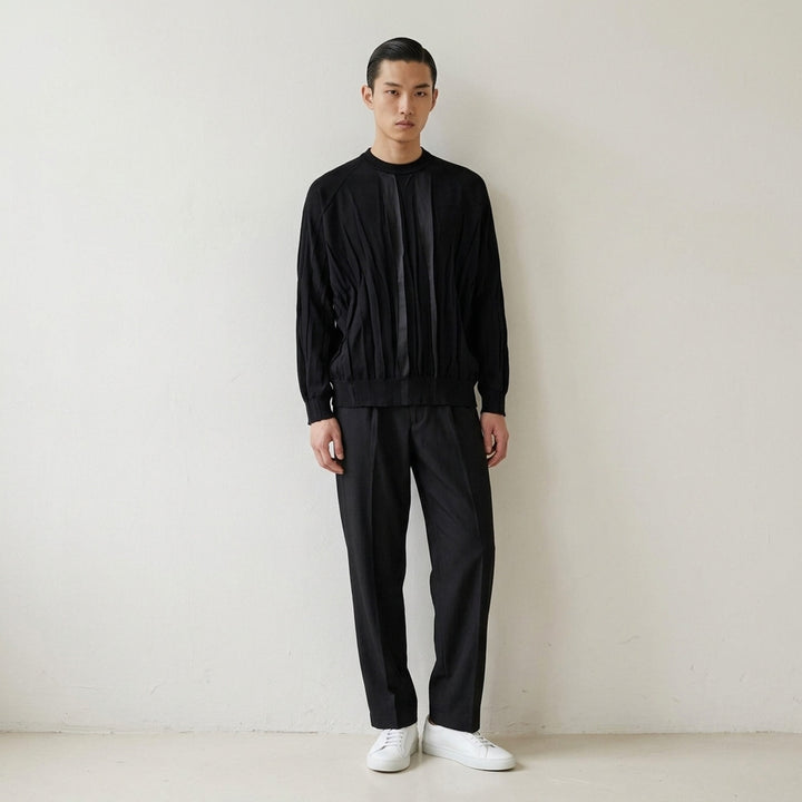 IM MEN Ripple Knit in black with vertical pleated texture, sheer centre panel, crew neck and ribbed trims - lifestyle
