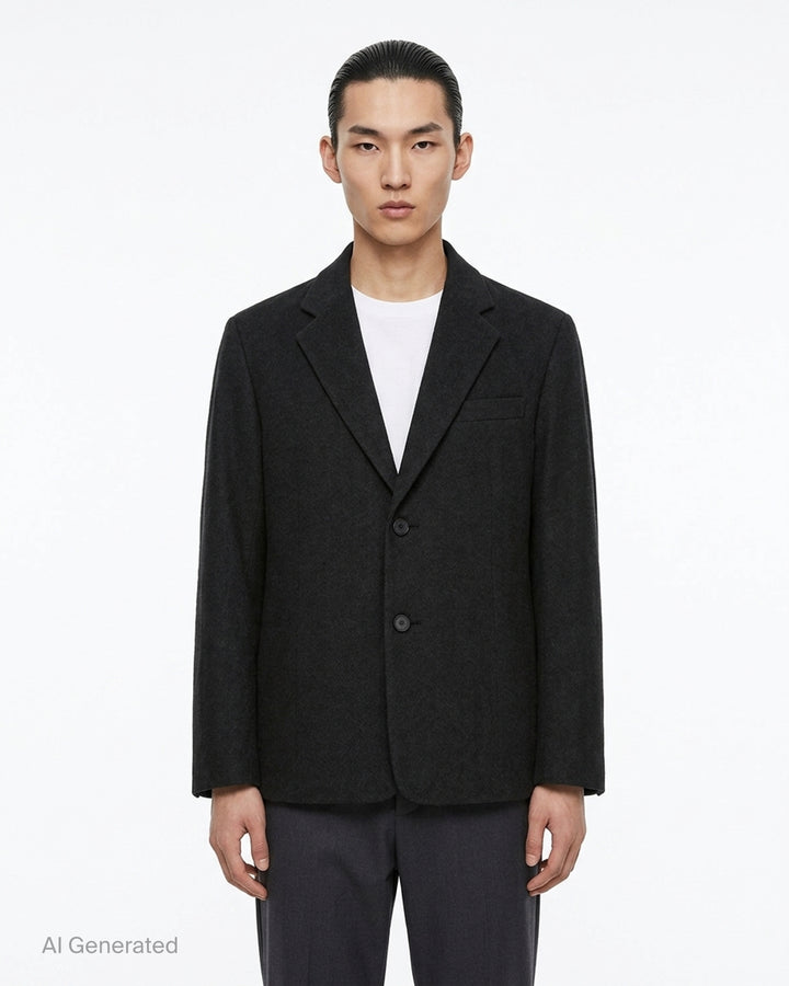 IM Men black shrink wool single-breasted jacket with notch lapels, two buttons and a chest welt pocket - front
