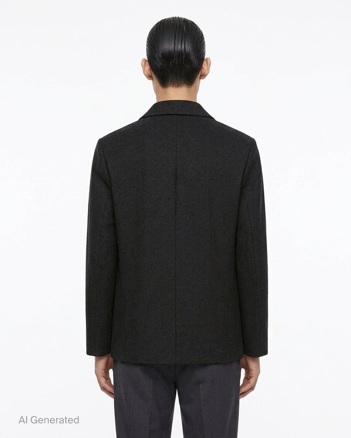 IM Men black shrink wool single-breasted jacket with notch lapels, two buttons and a chest welt pocket - back