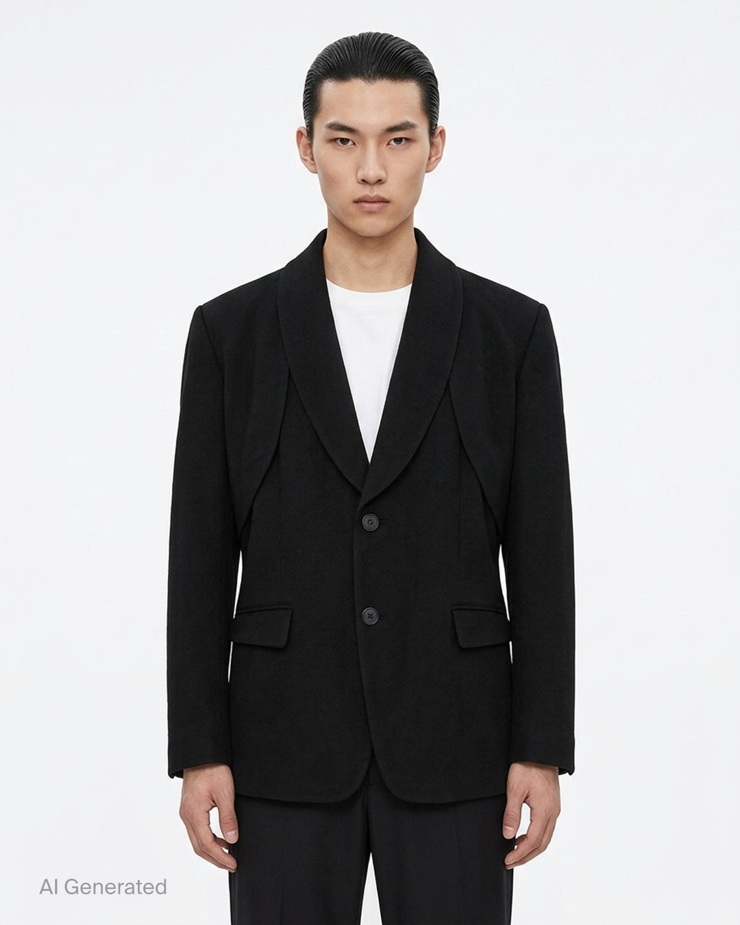 IM MEN Shrink Wool black two-button jacket with shawl collar, layered panel detailing and flap pockets - front