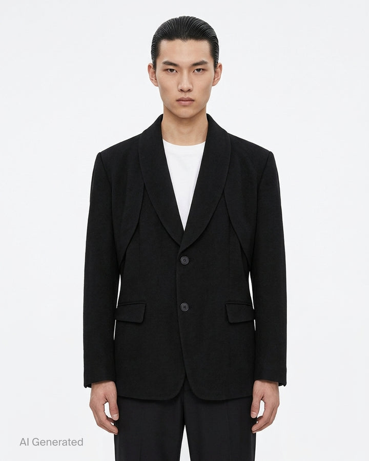 IM MEN Shrink Wool black two-button jacket with shawl collar, layered panel detailing and flap pockets - front