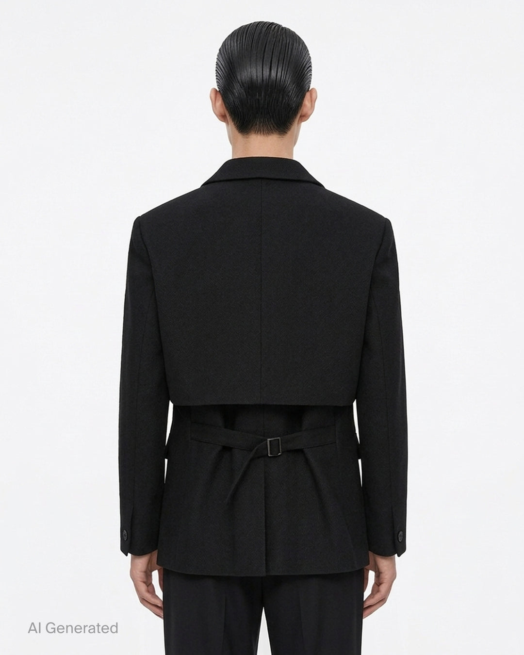 IM MEN Shrink Wool black two-button jacket with shawl collar, layered panel detailing and flap pockets - back