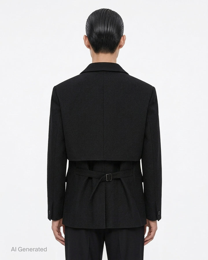 IM MEN Shrink Wool black two-button jacket with shawl collar, layered panel detailing and flap pockets - back