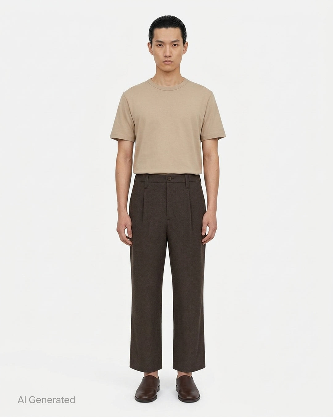 IM Men Shrink Wool woven pants in black with a front pleat, button closure and straight leg, shown from the front - front