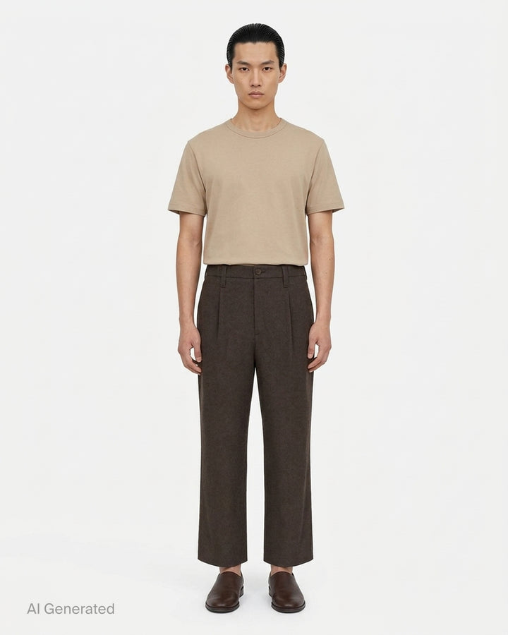IM Men Shrink Wool woven pants in black with a front pleat, button closure and straight leg, shown from the front - front