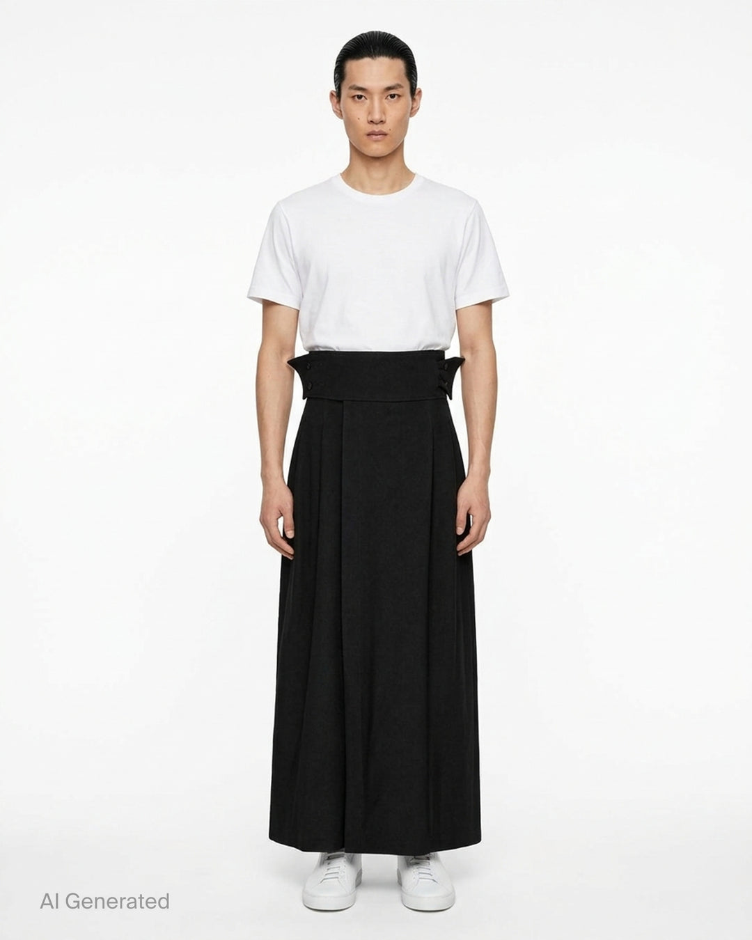 IM MEN black shrink wool woven pants with a high pointed waistband, button tabs and deep pleats in a wide-leg cut - front