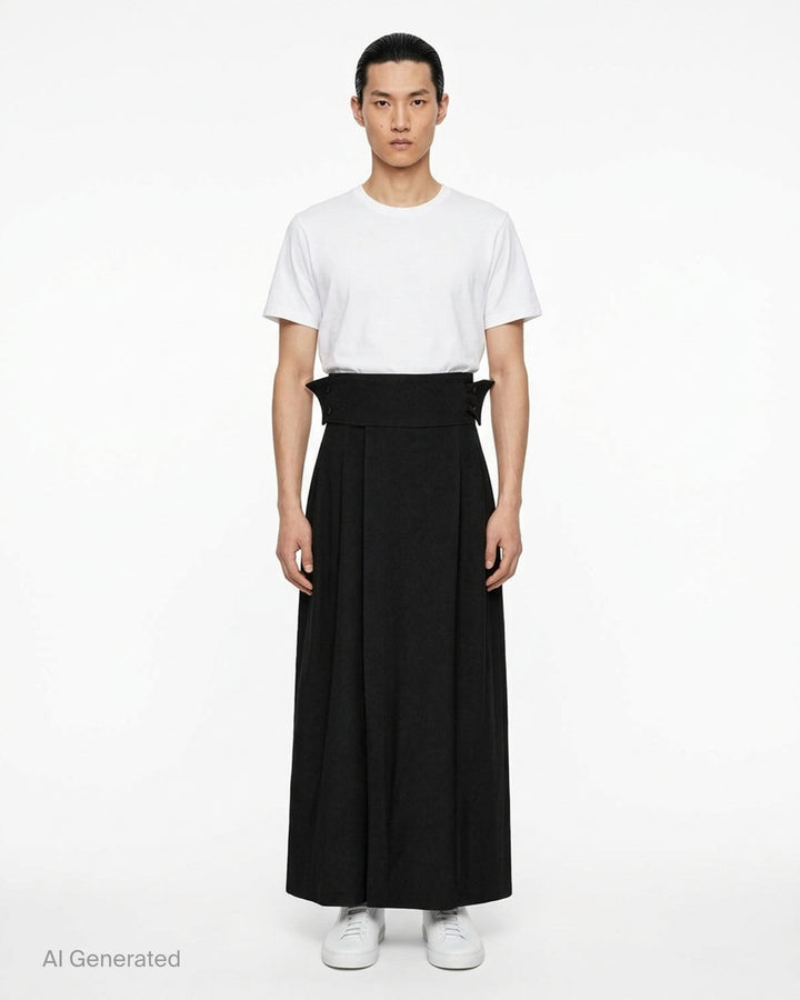 IM MEN black shrink wool woven pants with a high pointed waistband, button tabs and deep pleats in a wide-leg cut - front
