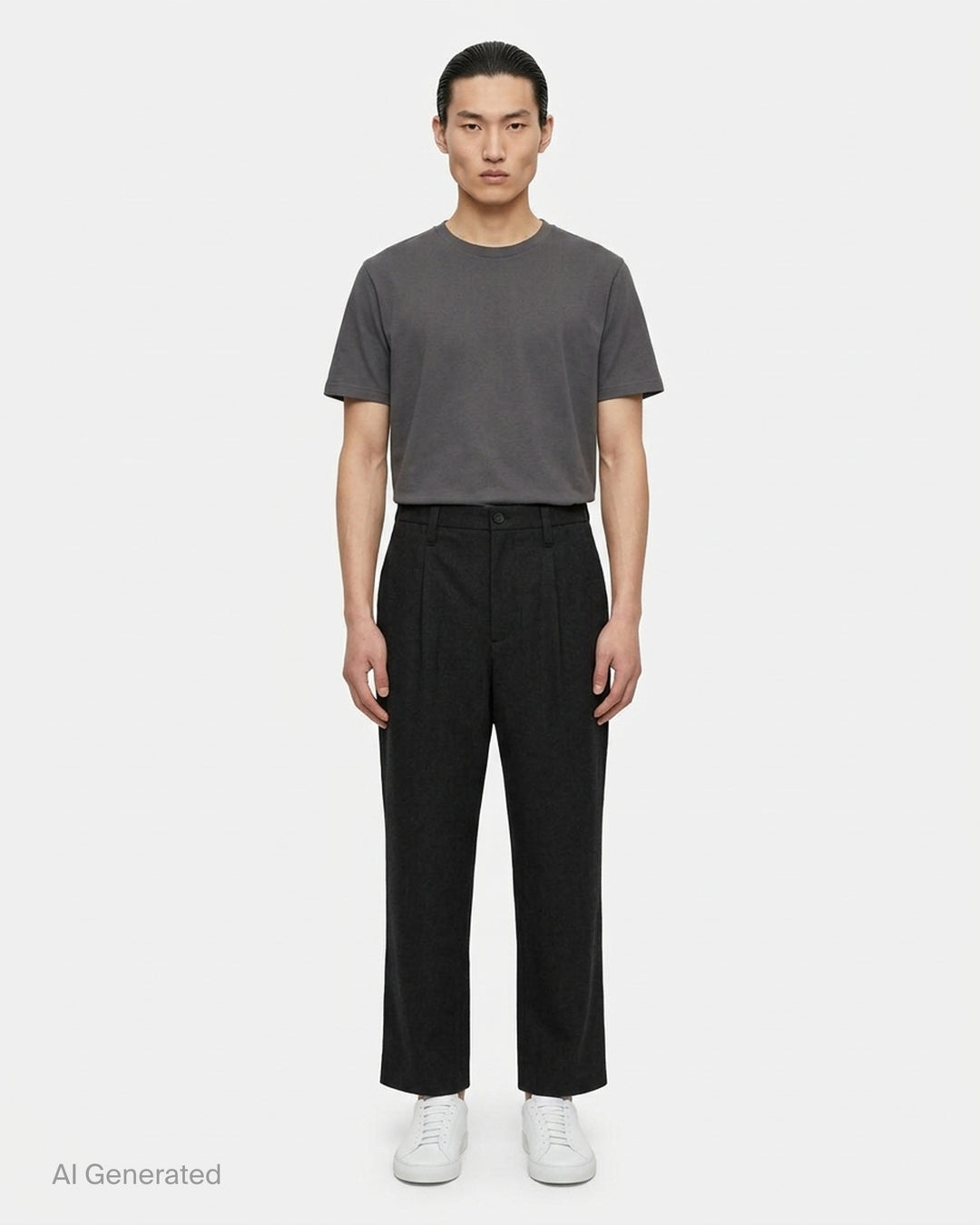 IM Men Shrink Wool woven pants in black with a front pleat, button closure and straight leg, shown from the front - front