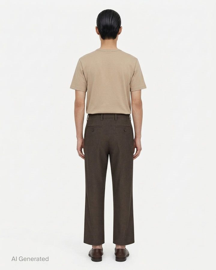 IM Men Shrink Wool woven pants in black with a front pleat, button closure and straight leg, shown from the front - back