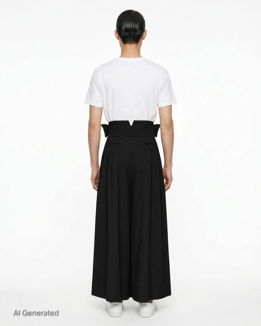 IM MEN black shrink wool woven pants with a high pointed waistband, button tabs and deep pleats in a wide-leg cut - back