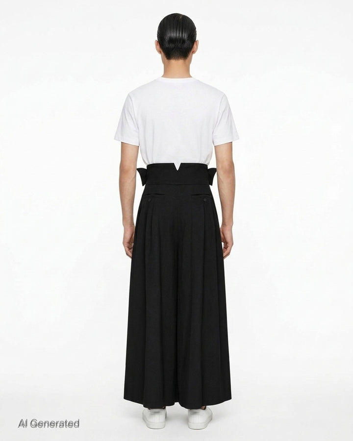 IM MEN black shrink wool woven pants with a high pointed waistband, button tabs and deep pleats in a wide-leg cut - back