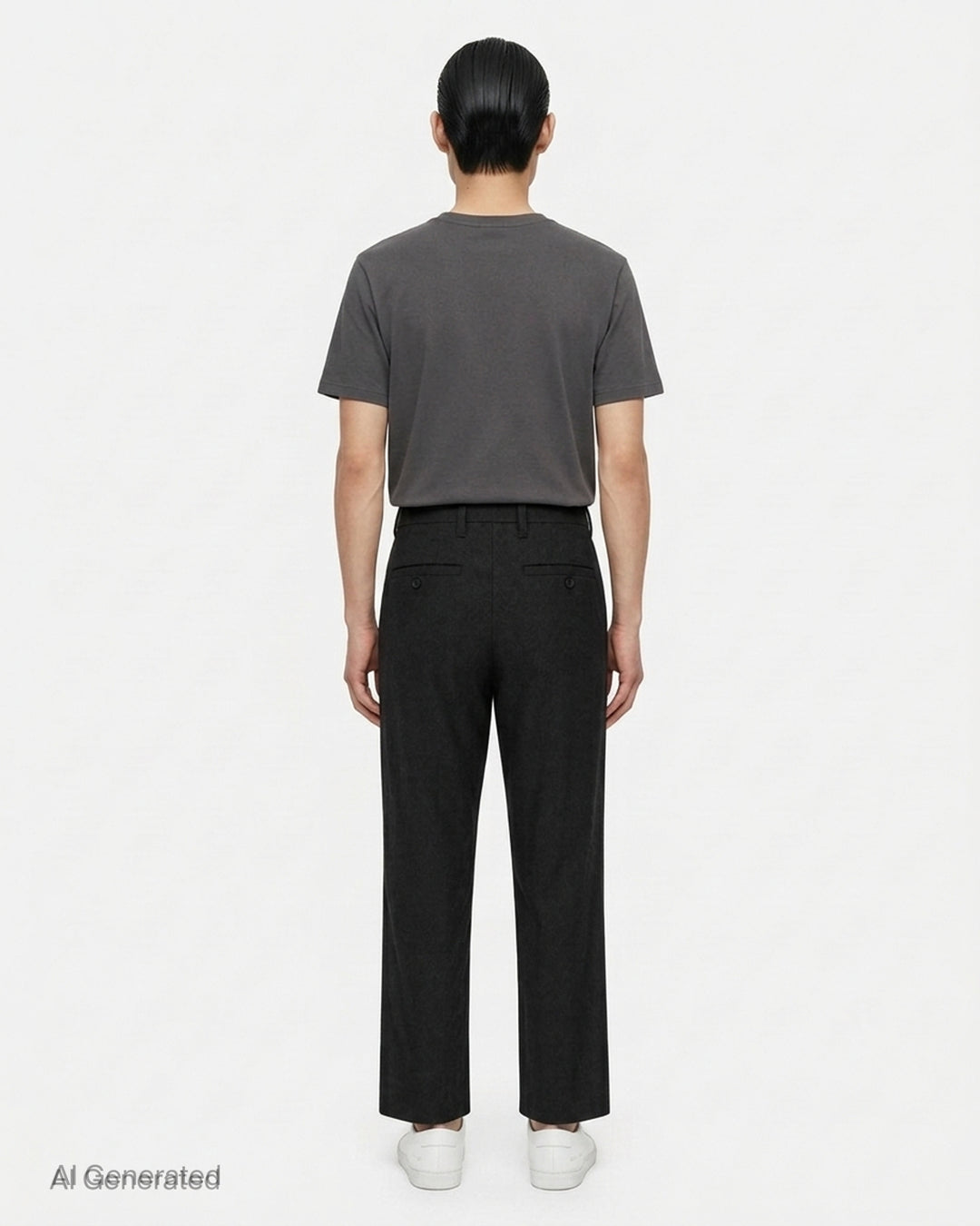 IM Men Shrink Wool woven pants in black with a front pleat, button closure and straight leg, shown from the front - back