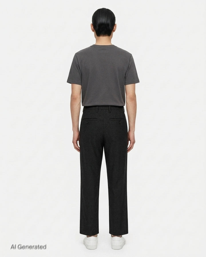 IM Men Shrink Wool woven pants in black with a front pleat, button closure and straight leg, shown from the front - back