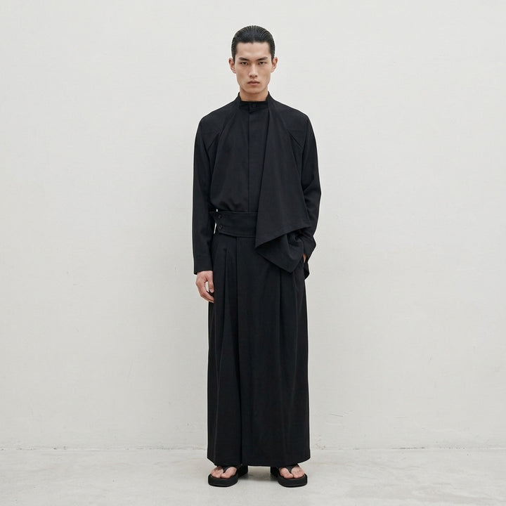 IM MEN black shrink wool woven pants with a high pointed waistband, button tabs and deep pleats in a wide-leg cut - lifestyle