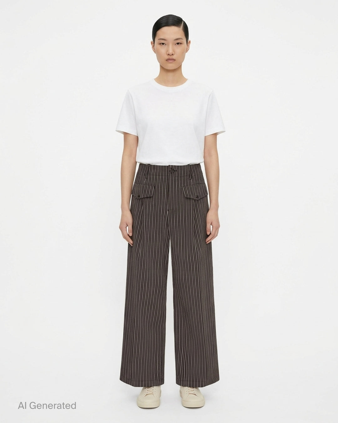 Issey Miyake Allow Stripe Woven Pants in a fine vertical ticking stripe, featuring a wide-leg silhouette, high-rise waist, dual button-fastening flap pockets, and pleat front detailing - front