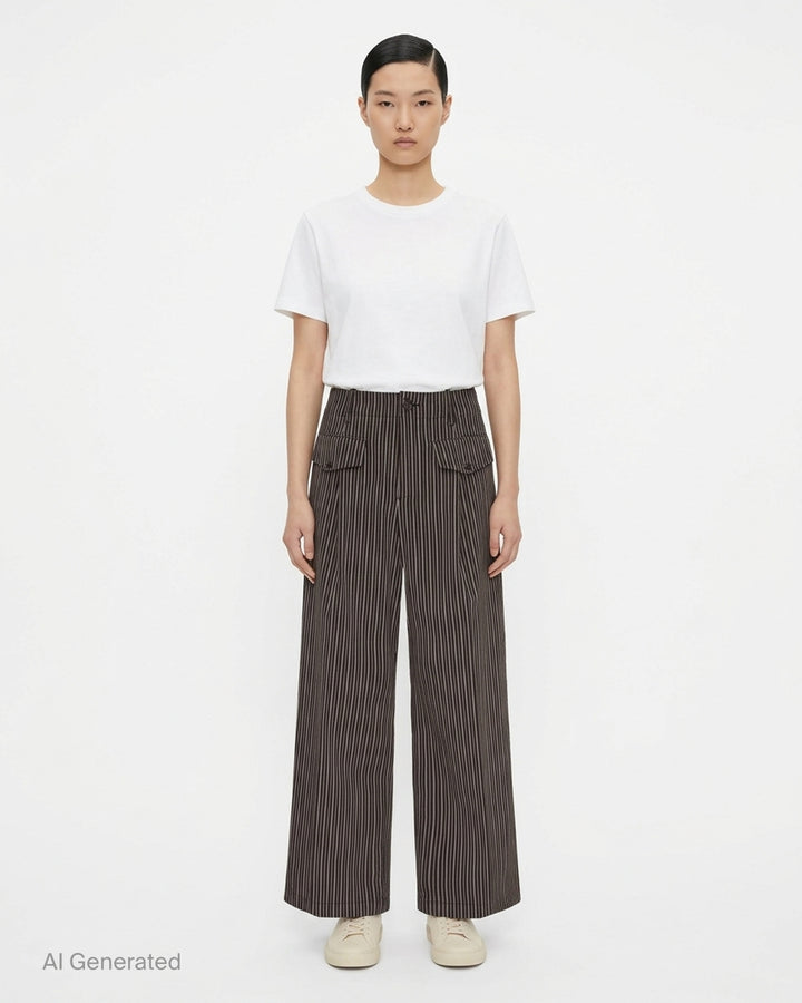 Issey Miyake Allow Stripe Woven Pants in a fine vertical ticking stripe, featuring a wide-leg silhouette, high-rise waist, dual button-fastening flap pockets, and pleat front detailing - front