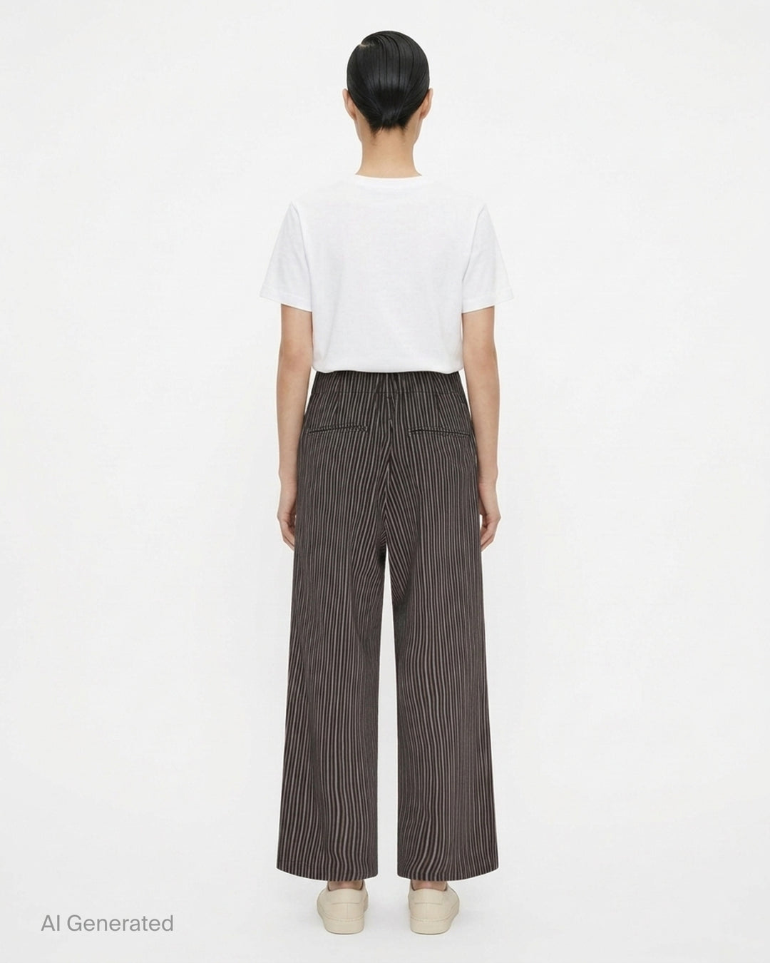 Issey Miyake Allow Stripe Woven Pants in a fine vertical ticking stripe, featuring a wide-leg silhouette, high-rise waist, dual button-fastening flap pockets, and pleat front detailing - back