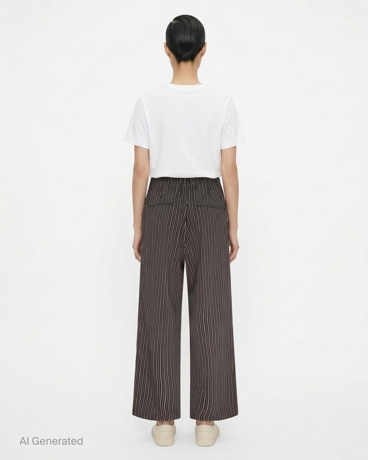 Issey Miyake Allow Stripe Woven Pants in a fine vertical ticking stripe, featuring a wide-leg silhouette, high-rise waist, dual button-fastening flap pockets, and pleat front detailing - back