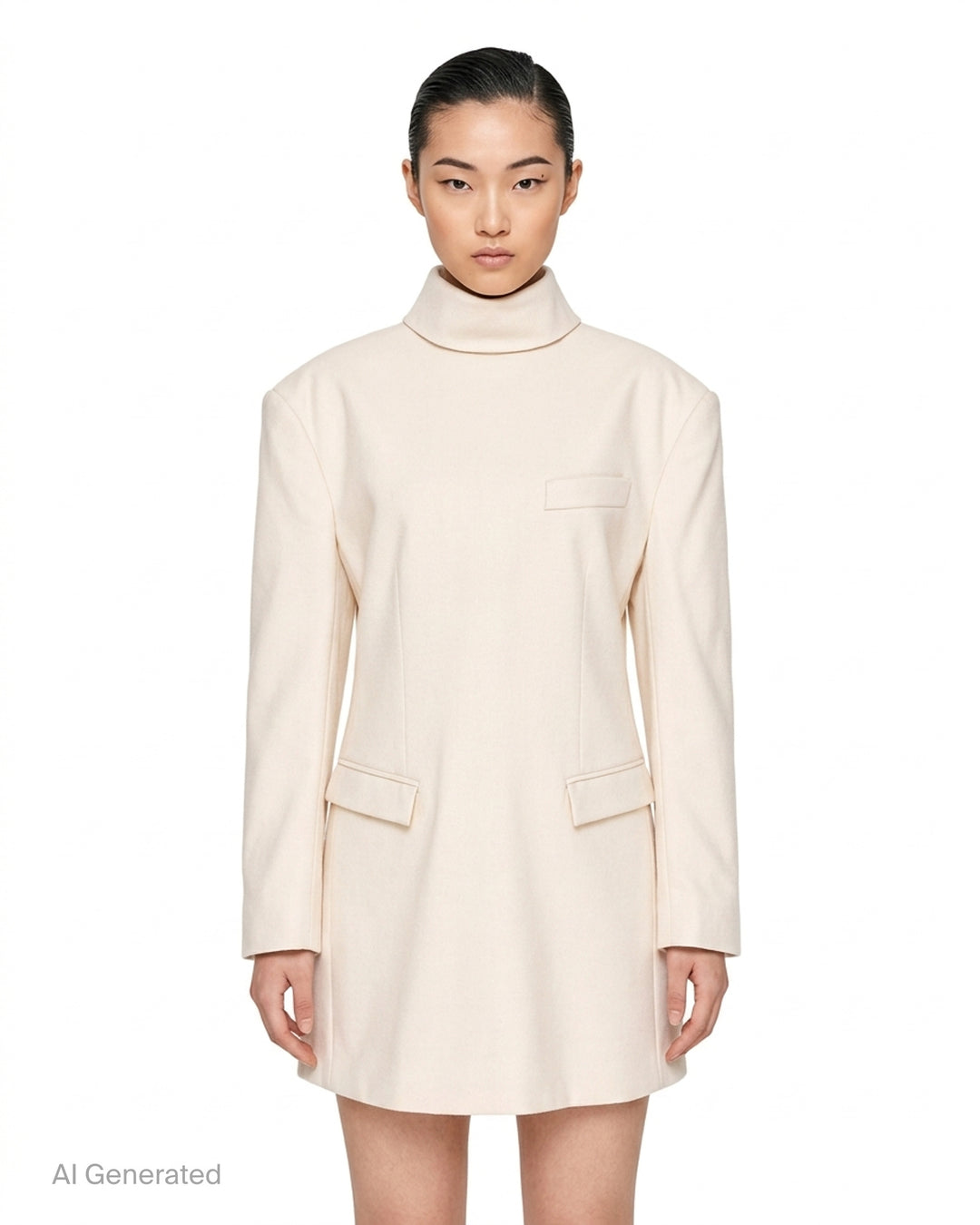 Issey Miyake burgundy tunic with funnel neck, structured shoulders, chest welt pocket and two flap pockets, shown from the front - front