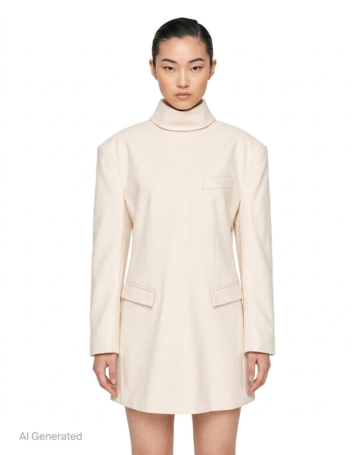 Issey Miyake burgundy tunic with funnel neck, structured shoulders, chest welt pocket and two flap pockets, shown from the front - front
