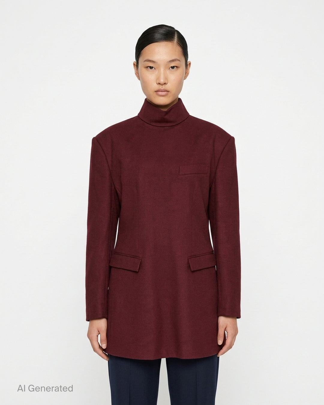 Issey Miyake burgundy tunic with funnel neck, structured shoulders, chest welt pocket and two flap pockets, shown from the front - front