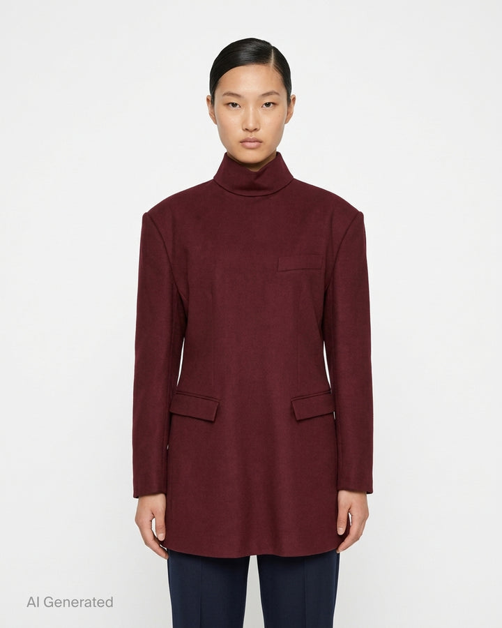 Issey Miyake burgundy tunic with funnel neck, structured shoulders, chest welt pocket and two flap pockets, shown from the front - front