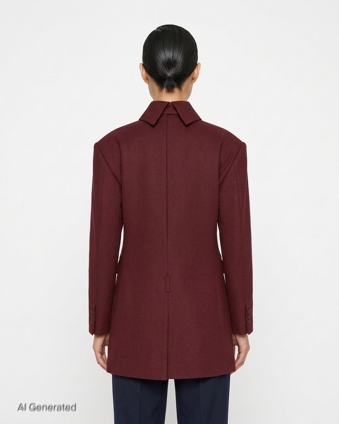 Issey Miyake burgundy tunic with funnel neck, structured shoulders, chest welt pocket and two flap pockets, shown from the front - back