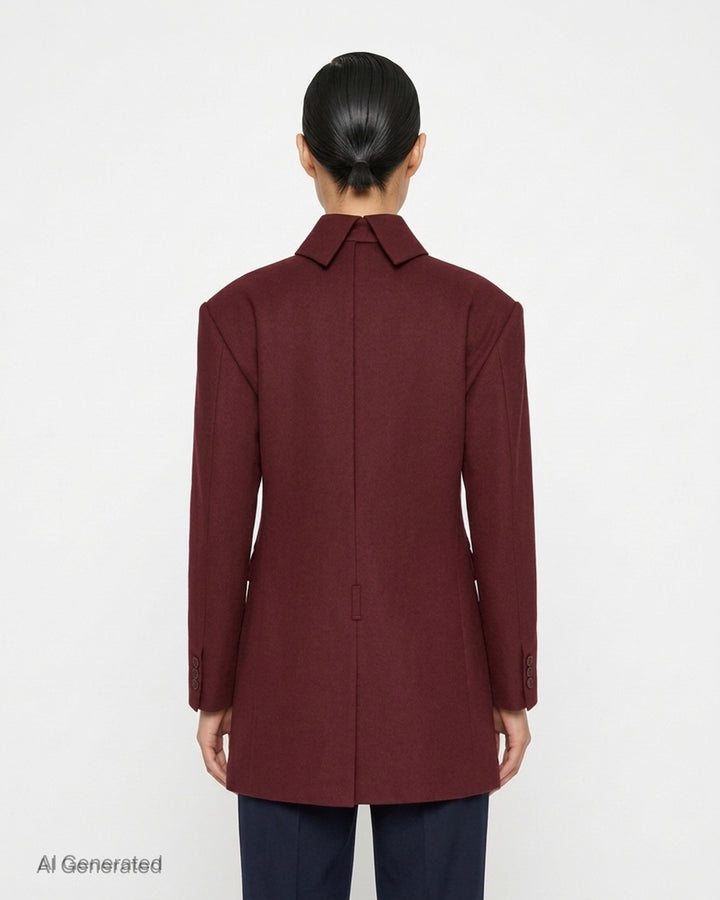 Issey Miyake burgundy tunic with funnel neck, structured shoulders, chest welt pocket and two flap pockets, shown from the front - back