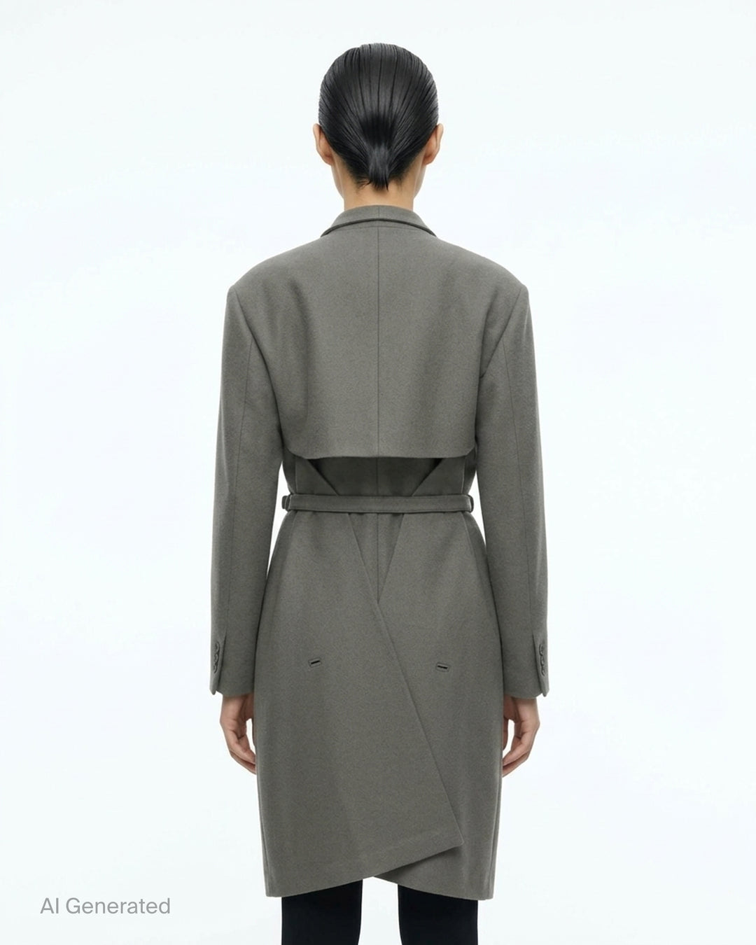 Issey Miyake CALLIGRAPH grey long-sleeve wrap jacket with asymmetric diagonal drape panels, side buckle fastening, and curved hem, displayed flat on white background - back
