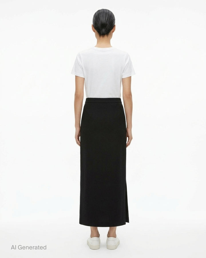Issey Miyake CALLIGRAPH black maxi skirt with a high waist and slim-to-flared silhouette, photographed flat on a white background - back