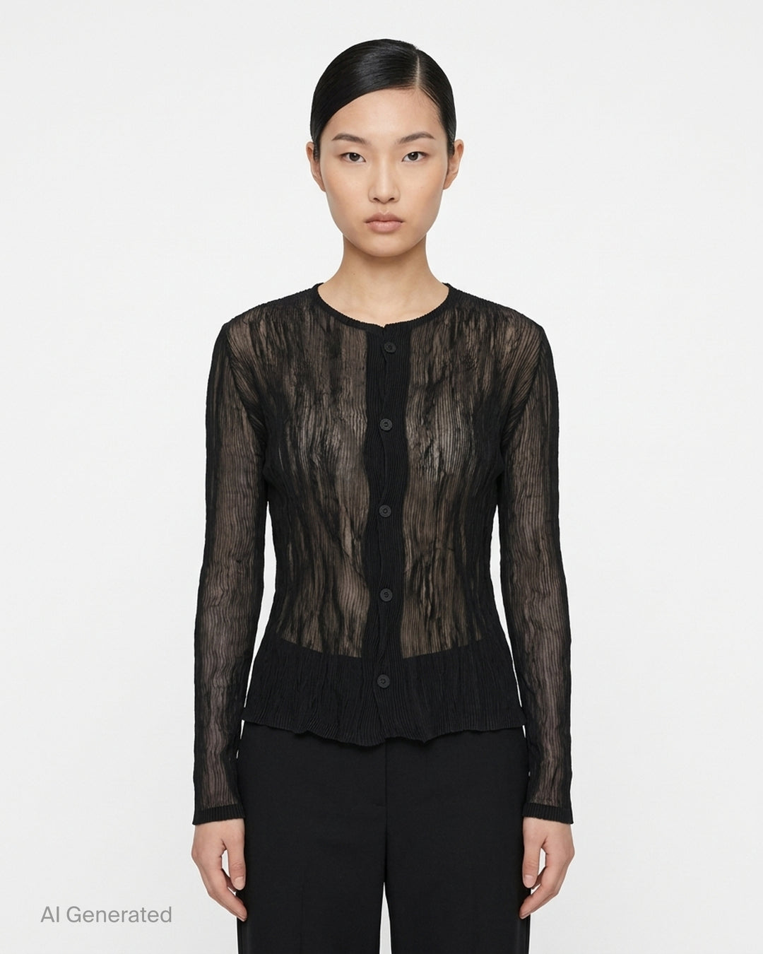 Issey Miyake sheer black chiffon twist cardigan with crinkled pleated texture, round neckline and button-front closure - front