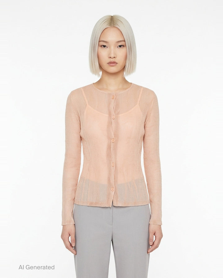 Issey Miyake Chiffon Twist Cardigan in sage grey, featuring semi-sheer pleated fabric, round neckline, button-through front fastening, and long sleeves with elasticated cuffs - front