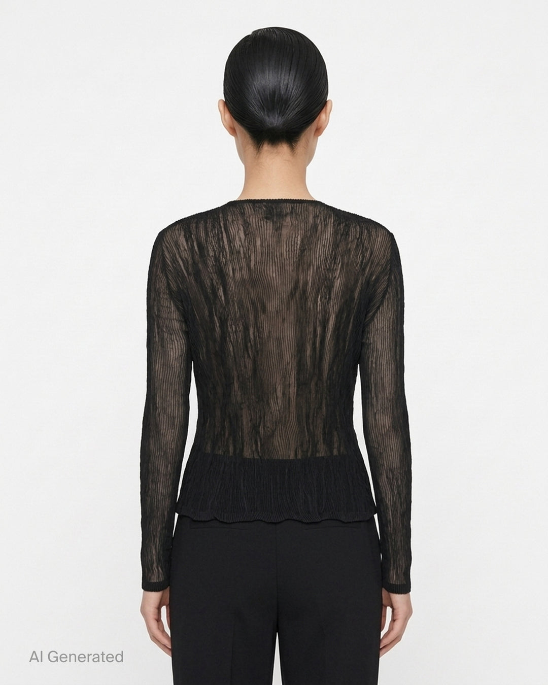 Issey Miyake sheer black chiffon twist cardigan with crinkled pleated texture, round neckline and button-front closure - back