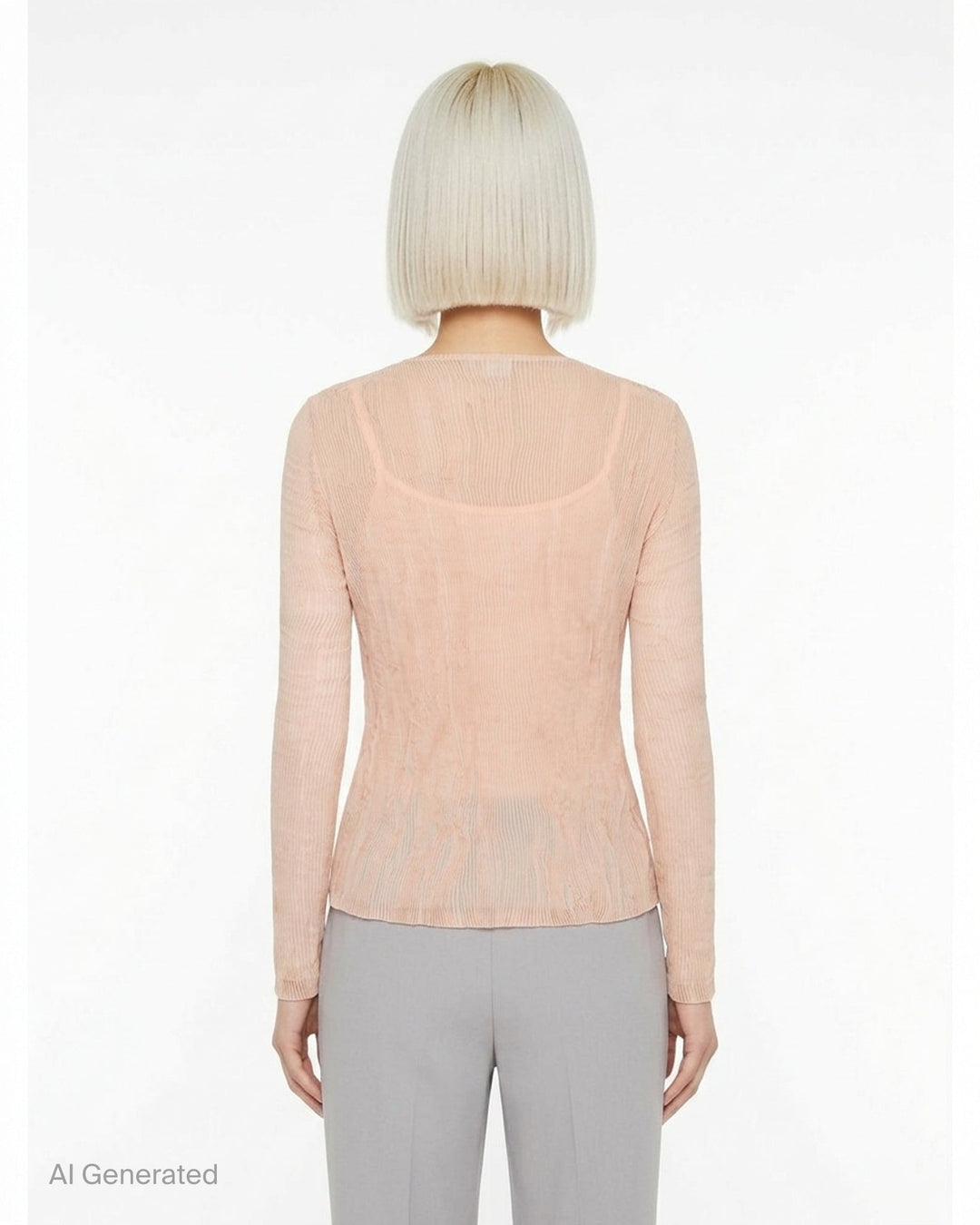 Issey Miyake Chiffon Twist Cardigan in sage grey, featuring semi-sheer pleated fabric, round neckline, button-through front fastening, and long sleeves with elasticated cuffs - back