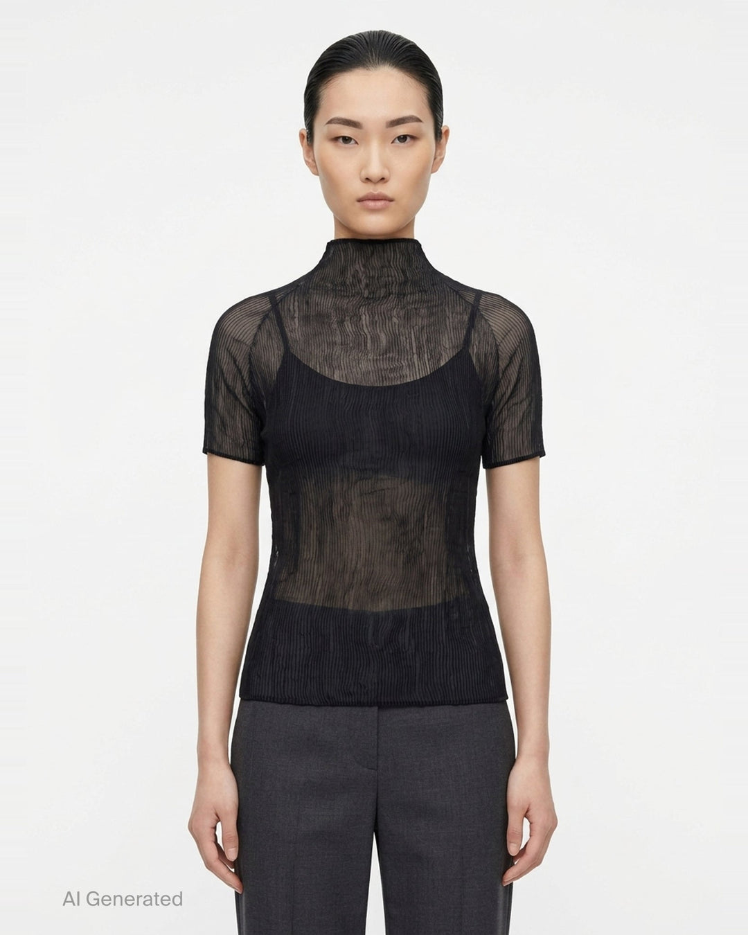 Issey Miyake Chiffon Twist Short Sleeve Shirt in black, featuring sheer pleated fabric and a high mock-neck collar, shown from the back on a mannequin - front
