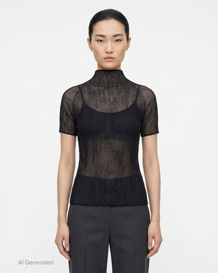 Issey Miyake Chiffon Twist Short Sleeve Shirt in black, featuring sheer pleated fabric and a high mock-neck collar, shown from the back on a mannequin - front