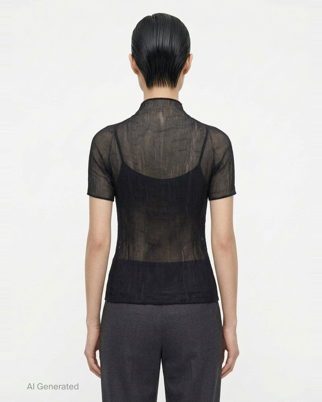 Issey Miyake Chiffon Twist Short Sleeve Shirt in black, featuring sheer pleated fabric and a high mock-neck collar, shown from the back on a mannequin - back