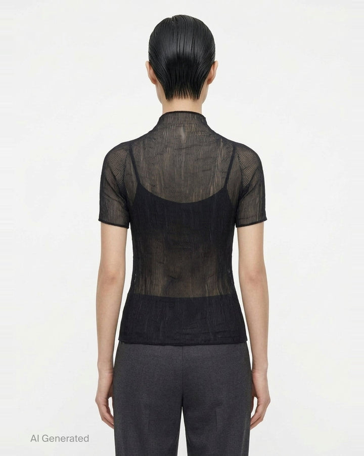 Issey Miyake Chiffon Twist Short Sleeve Shirt in black, featuring sheer pleated fabric and a high mock-neck collar, shown from the back on a mannequin - back