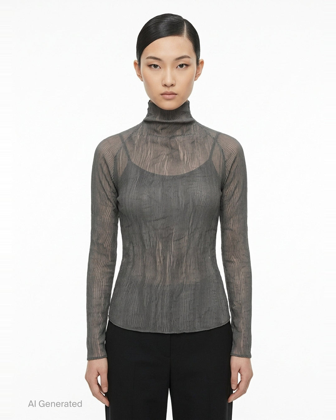 Rear view of Issey Miyake Chiffon Twist 2 woven top in grey, featuring fine horizontal pleating, a high funnel neck, and long fitted sleeves on a mannequin - front