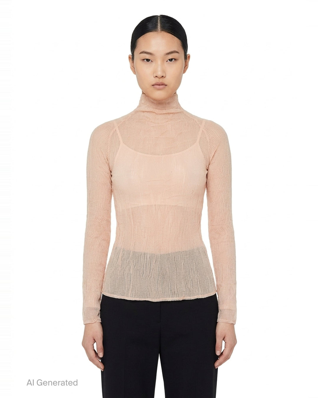 Rear view of Issey Miyake Chiffon Twist 2 woven top in grey, featuring fine horizontal pleating, a high funnel neck, and long fitted sleeves on a mannequin - front