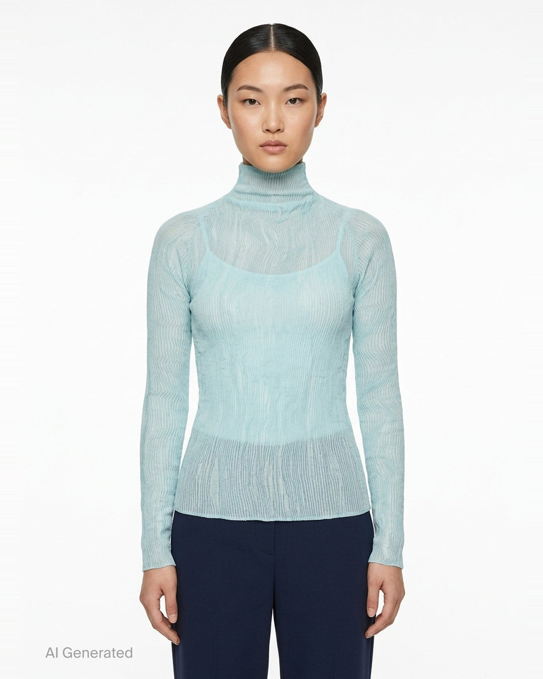 Rear view of Issey Miyake Chiffon Twist 2 woven top in grey, featuring fine horizontal pleating, a high funnel neck, and long fitted sleeves on a mannequin - front