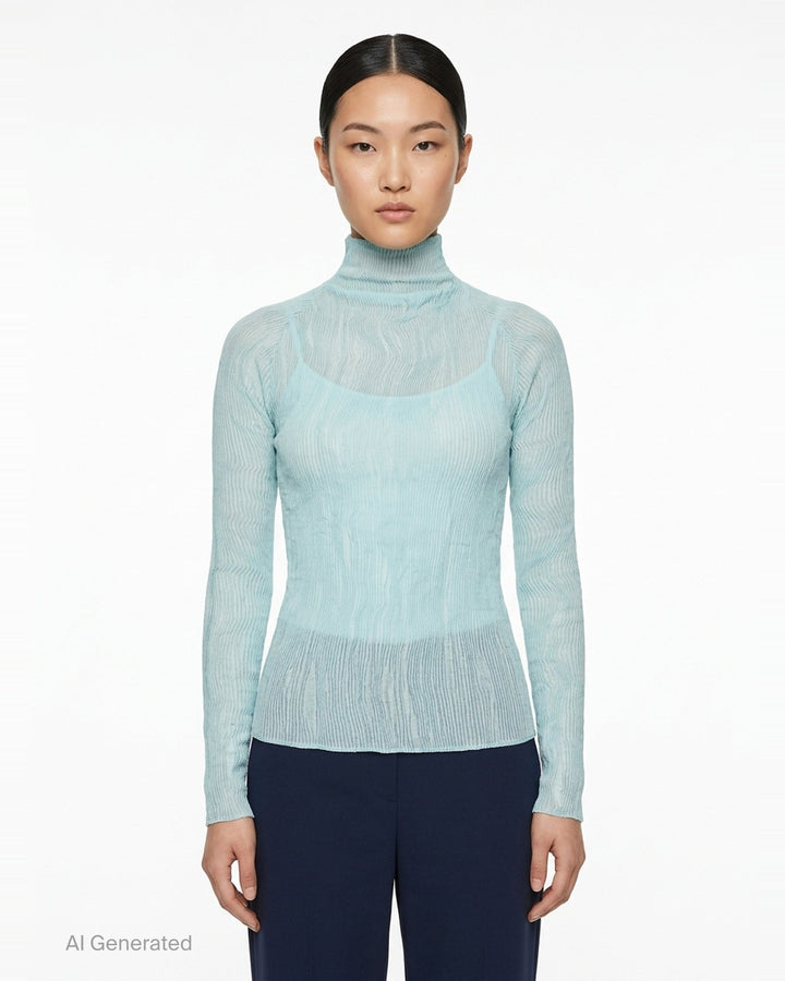 Rear view of Issey Miyake Chiffon Twist 2 woven top in grey, featuring fine horizontal pleating, a high funnel neck, and long fitted sleeves on a mannequin - front